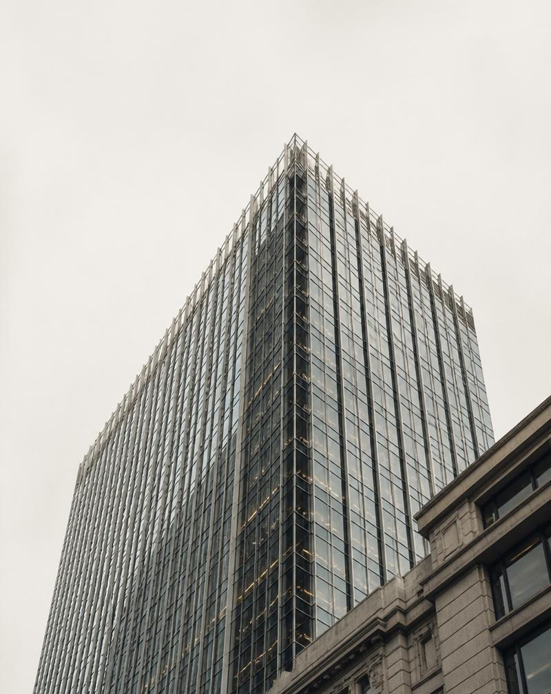 Glazed commercial office tower against a pale London sky